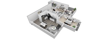 A 3D floor plan of a house with a kitchen, living room, and dining area.